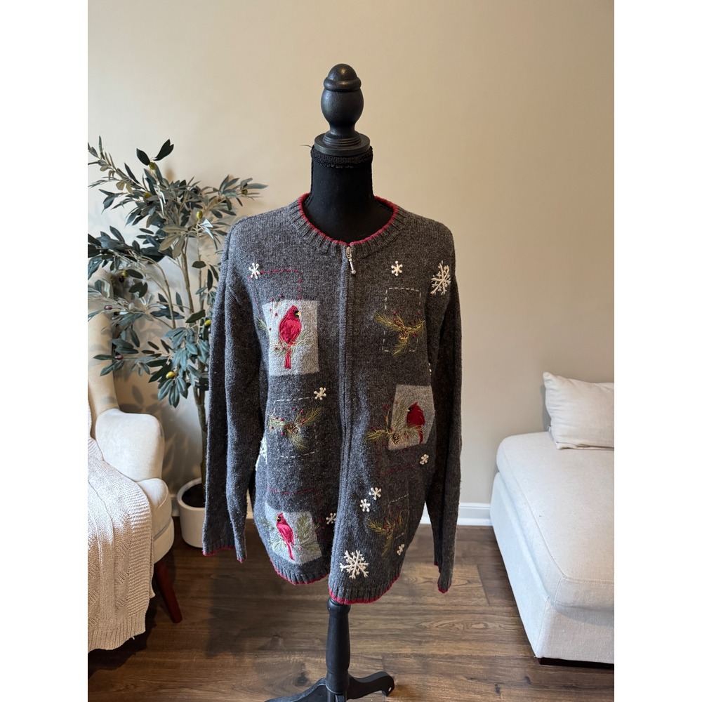 Croft & Barrow Womens XL Gray Cardinal Embroidered Zip Up Cardigan Sweater